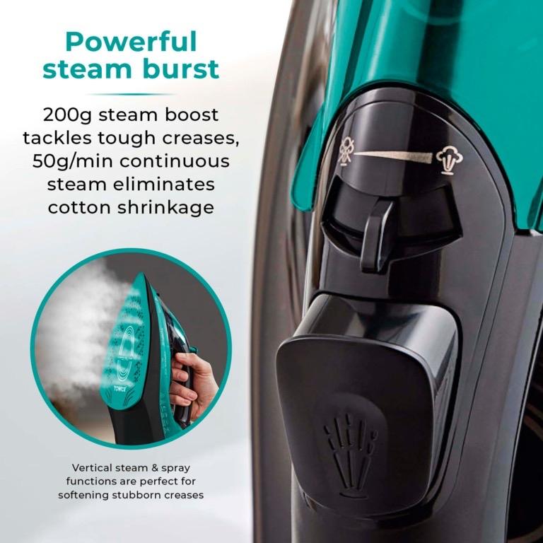 Cordless Iron 2800W - Teal, 2-in-1 Functionality Cordless and Corded | Ceramic Soleplate, Variable Steam & Temperature Control | Light Weight | 360 Base | Fast Heat Up | Tower
