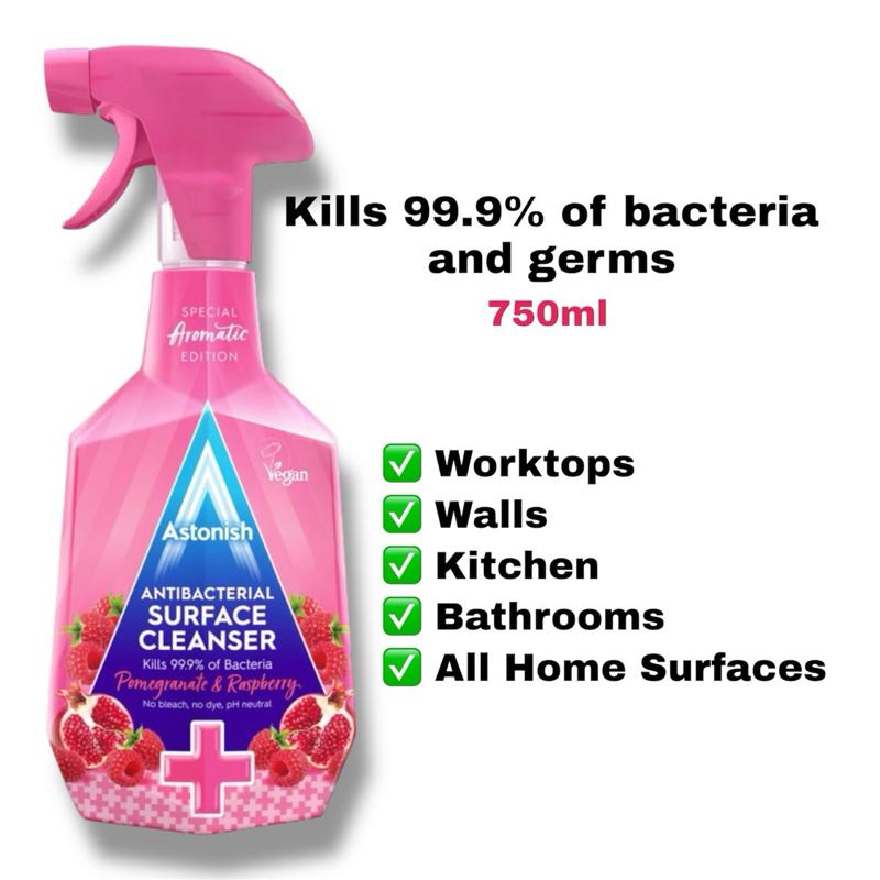 Antibacterial Surface Cleanser 750ml Astonish- Multi Use Scented Pomegranate And Raspberry, Ideal for Kitchen, Bathrooms & More - Household, Cleaning Spray Cloth Fragrance mould remover Perfume