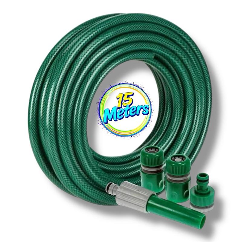 15m Garden Hose with Adjustable Spray Nozzle And Tap Fittings | Durable Flexible Watering Hose Set for Gardens, Lawns & Patios | Universal Tap Fittings for Easy Connection - Garden Essentials- Gardeing