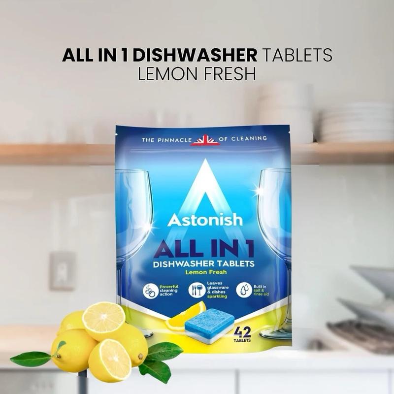 All-in-1 Dishwasher Tablets 42 Pack Lemon Fresh | Powerful Stain Removal | Built-In Salt & Rinse Aid | Tough on Grease, Tea, Coffee & Dried Food | Ideal for Hard Water Areas & Glassware | Phosphate-Free & Eco-Friendly | Leaves Dishes Sparkling Clean