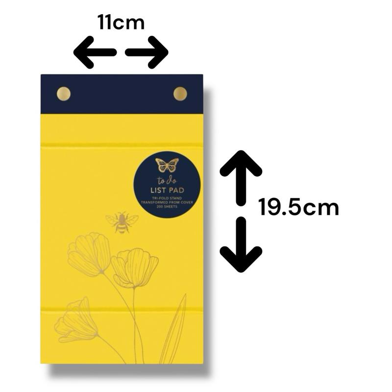 To-Do List Pad – 200 Pages, Tri-Fold Stand, Magnetic Cover, Organiser for Home, Work & School, Stylish Gold-Foiled Bee & Floral Design - Yellow Busy Bee Life Note Pad.