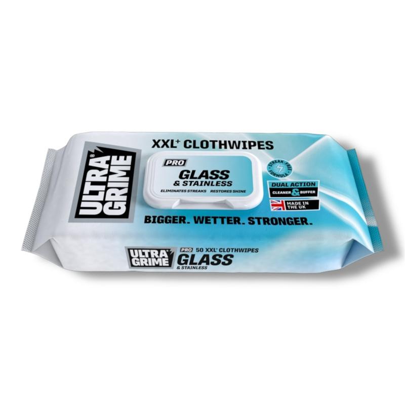 Glass Wipes UltraGrime Glass & Stainless XXL+ Clothwipes – Double Sided - Pack of 50, Streak-Free, Super Absorbent Wipes