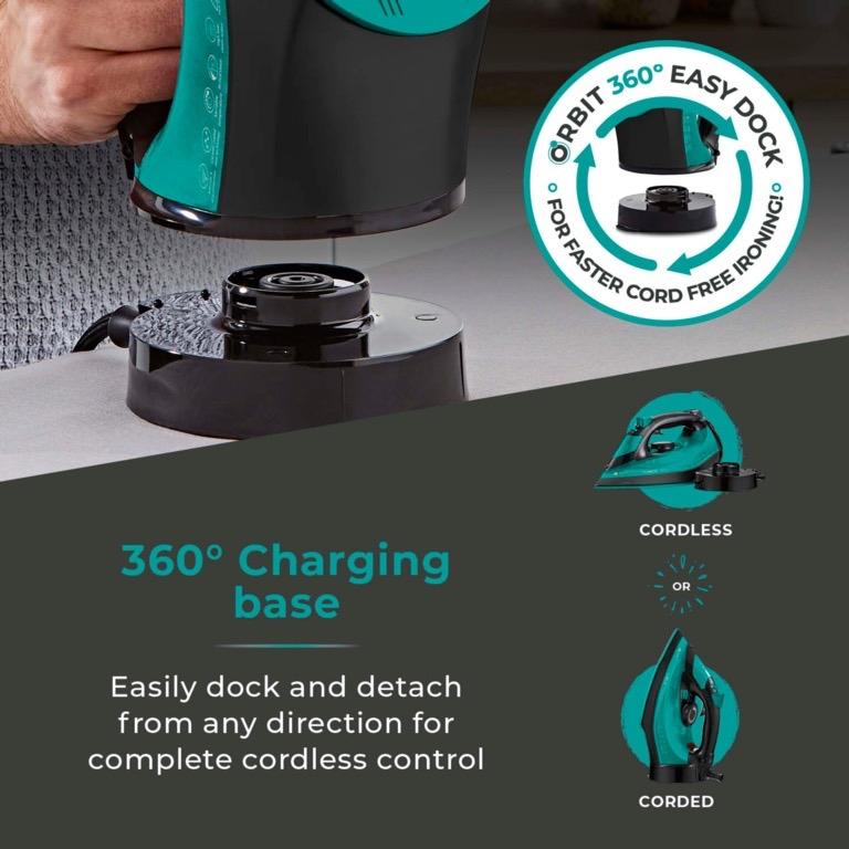 Cordless Iron 2800W - Teal, 2-in-1 Functionality Cordless and Corded | Ceramic Soleplate, Variable Steam & Temperature Control | Light Weight | 360 Base | Fast Heat Up | Tower