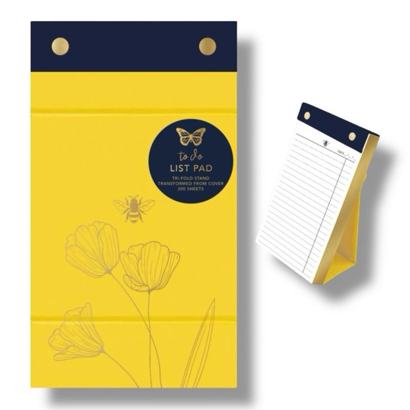 To-Do List Pad – 200 Pages, Tri-Fold Stand, Magnetic Cover, Organiser for Home, Work & School, Stylish Gold-Foiled Bee & Floral Design - Yellow Busy Bee Life Note Pad.