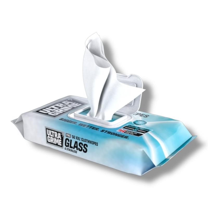 Glass Wipes UltraGrime Glass & Stainless XXL+ Clothwipes – Double Sided - Pack of 50, Streak-Free, Super Absorbent Wipes