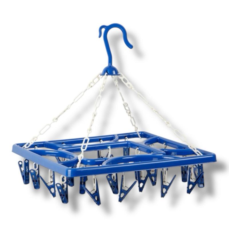 Square 24 Peg Blue Airer – Compact Hanging Clothes Dryer for Socks, Underwear, Baby Clothes – Indoor & Outdoor Use – Durable Plastic with Hook – Space Saving Laundry Solution - SupaHome Organiser Hangers Lightweight
