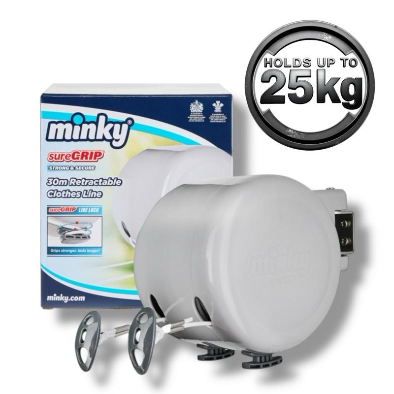 30m Retractable Washing Line Reel – Minky sureGRIP Clothes Line with Extra Strong Dual Nylon Core & Locking Mechanism, 2X 15m Washing Reels - Space-Saving Wall Mounted Design for Gardens, Patios & Balconies