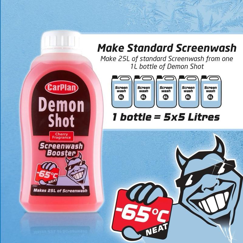 Screen Wash Concentrate 500ml – Makes 25L Of Screen Wash. Can Be Diluted To Use As Deicer. Powerful Concentrated Formula for a Streak-Free Windshield Carplan Demon Shot. All Season. Powerful Formula automotive products