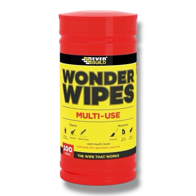 Wonder Wipes Tub of 100 – powerful tough on dirt antibacterial Hand, Tool, Surface multi-purpose cleaning wipes for paint, sealant, adhesive, oil, grease & silicone. No water needed. Trade & DIY essential! Everbuild Household