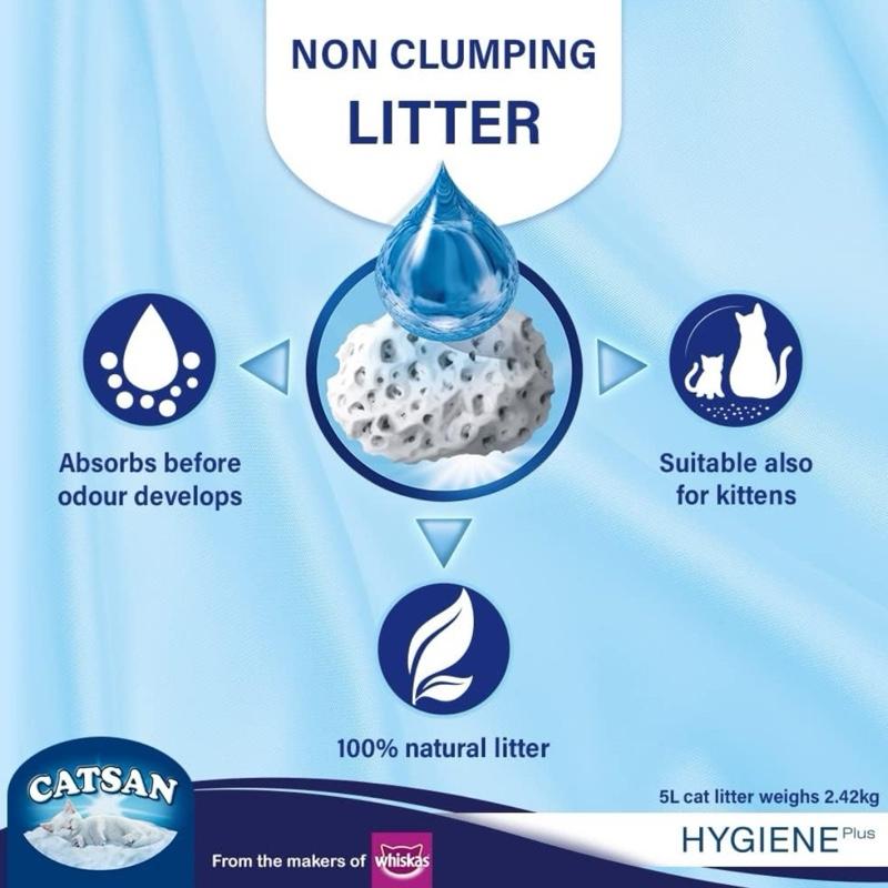 2x5L Catsan Hygiene Plus Cat Litter | Non-Clumping | Odour Control | Ultra Absorbent | Low Dust | 100% Natural Minerals | Safe for Cats & Kittens | Long-Lasting Freshness | Twin Pack | 10L