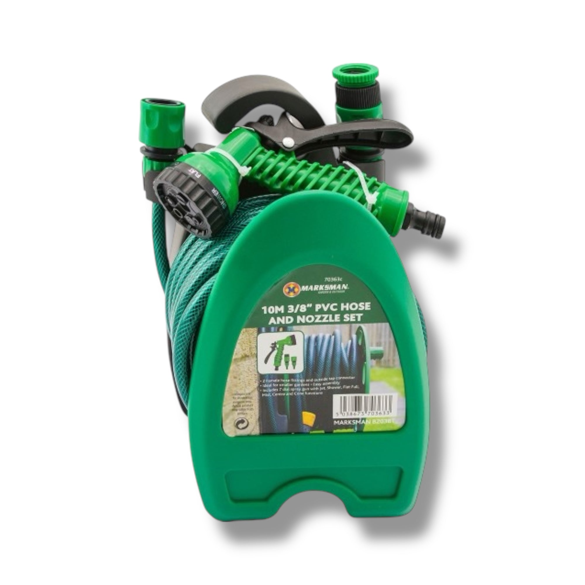 Marksman Hose Reel + 7 Dial Spray Gun & Snap Action Attachments - 10 Meters