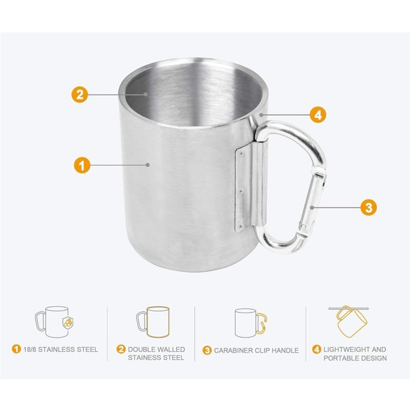 Carabiner Handled Mug - 300ml Stainless Steel Camping Light Weight Mug | Clip On | Key Chain Mug | Flask | Portable | Summit | Rock Climbing | Hiking | Kitchenware | Outdoor | Stainless Steel | Tea | Coffee | Hot Brew | Double Walled