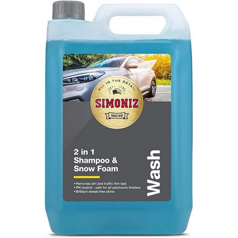 Snow Foam & Wash & Wax Shampoo 5L - High Foaming - 2in1 Simoniz - Deep Cleaning , High Gloss Finish, Car Wash, Deep Cleaning, Car Valeting, Detailing, Wax Infused, Leaves Protective Layer, Professional, Use With Snow Lance, Foam Sprayer Or Bucket