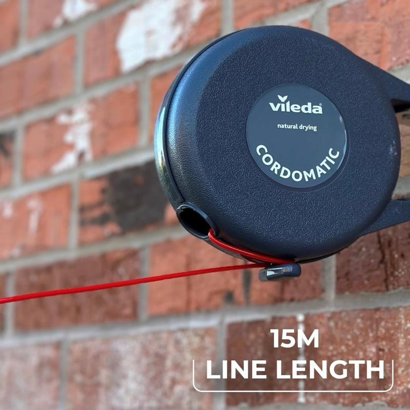 15m Retractable Washing Line – Wall Mounted Clothes Dryer – outdoor and indoor use. Holds 15kg Space Saving Laundry Solution for Home, Garden, Balcony, Utility Room – Vileda Cordomatic