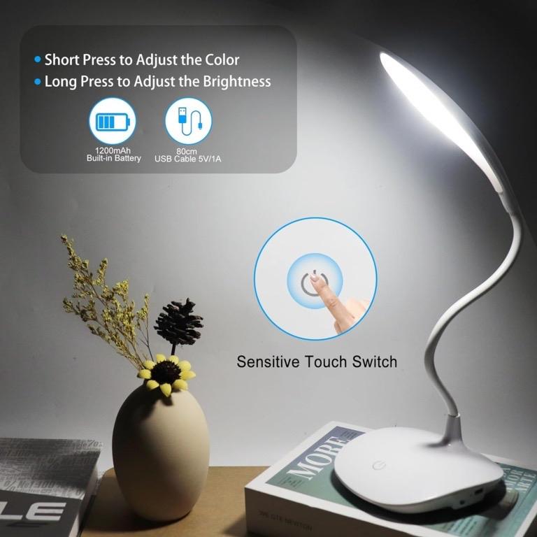 Dimmable Desk Lamp Rechargeable with USB – Wireless & Wired, 1200mAh Battery, Touch Control, Adjustable Brightness & Color Modes, Modern LED Light for Office, Bedroom, Study & Reading flashlight