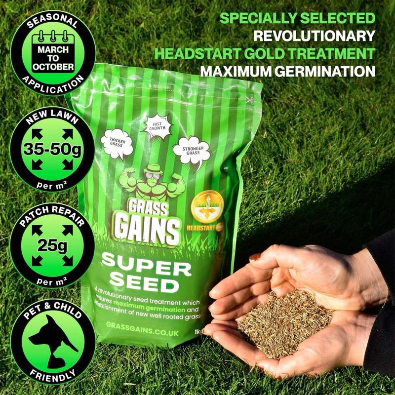 Lawn Super Seed 1KG Fast Growth Fertiliser | All Season use | Grass Ready For Summer | Grass Repair | Grass Growth | Gardening | Grass Gains