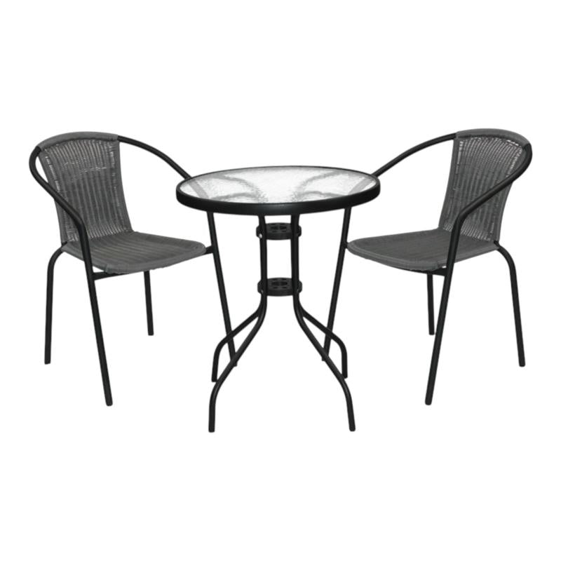 Rattan Bistro Set 3pc Grey/Black – 3 Piece Outdoor Garden Furniture Set with Tempered Glass Table and 2 Chairs, Sturdy Steel Frame, Compact Design for Patio, Balcony or Small Spaces – SupaGarden