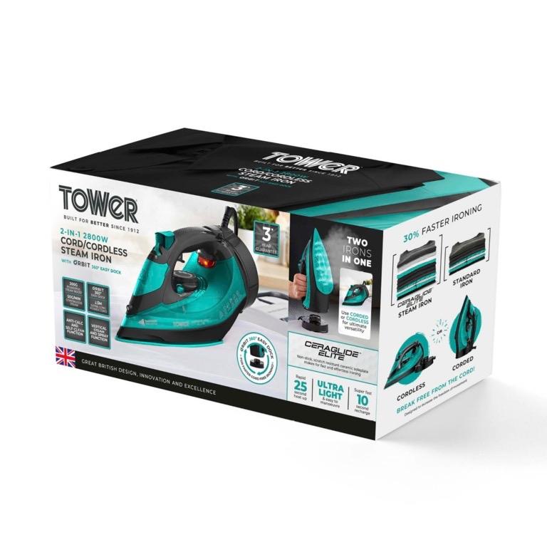 Cordless Iron 2800W - Teal, 2-in-1 Functionality Cordless and Corded | Ceramic Soleplate, Variable Steam & Temperature Control | Light Weight | 360 Base | Fast Heat Up | Tower