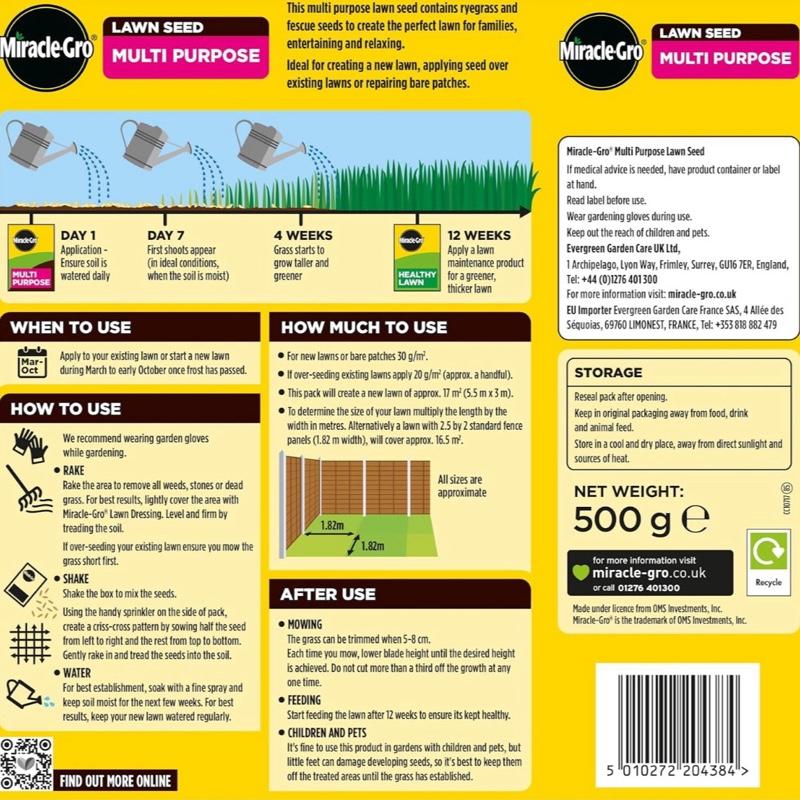 Miracle-Gro Multi Purpose Lawn Seed 17m² - Fast Growing Grass Seed for a Thick, Green Lawn - Ideal for New Lawns, Patching & Overseeding - Hard-Wearing & Resilient Grass Variety for All Seasons - Grass Fertiliser - All Grass Types