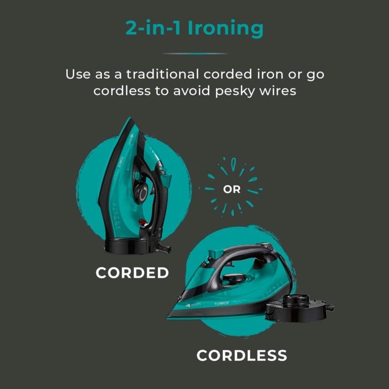 Cordless Iron 2800W - Teal, 2-in-1 Functionality Cordless and Corded | Ceramic Soleplate, Variable Steam & Temperature Control | Light Weight | 360 Base | Fast Heat Up | Tower