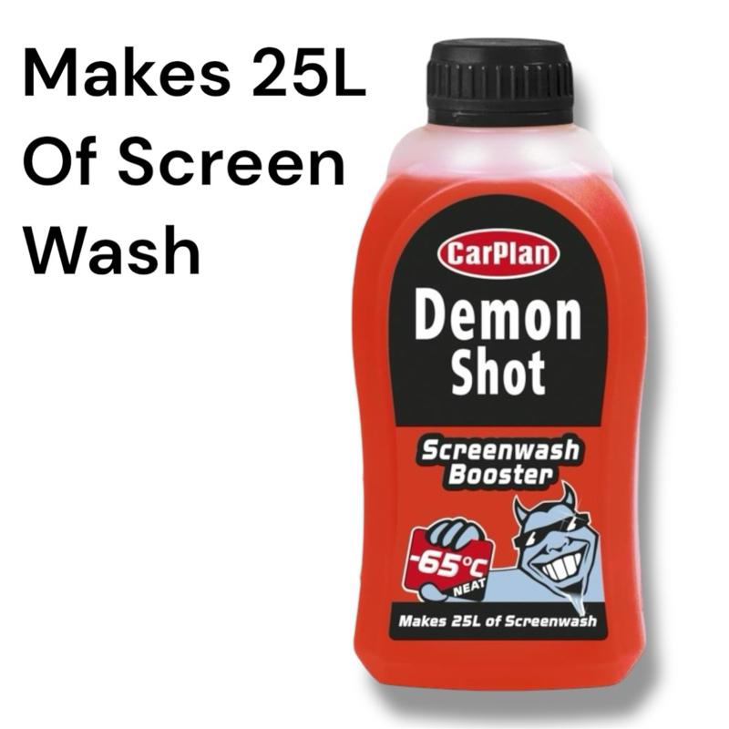 Screen Wash Concentrate 500ml – Makes 25L Of Screen Wash. Can Be Diluted To Use As Deicer. Powerful Concentrated Formula for a Streak-Free Windshield Carplan Demon Shot. All Season. Powerful Formula automotive products