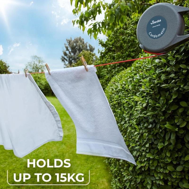 15m Retractable Washing Line – Wall Mounted Clothes Dryer – outdoor and indoor use. Holds 15kg Space Saving Laundry Solution for Home, Garden, Balcony, Utility Room – Vileda Cordomatic