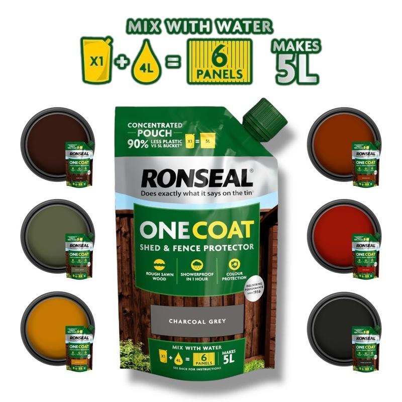 Ronseal One Coat Shed & Fence Protector Concentrate 950ml (Makes 5L) – Weather-Resistant Wood Treatment for Long-Lasting Protection & Colour – Tudor Black Oak, Charcoal Grey, Dark Oak, Forest Green & More - Fence Life