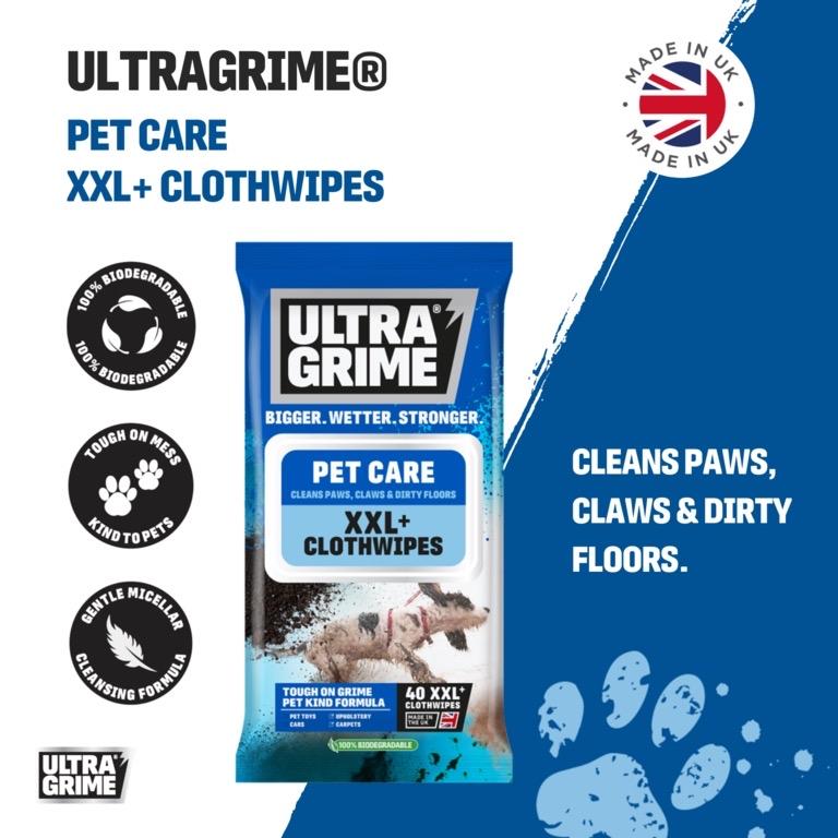 UltraGrime Pet Cleaning Wipes – XXL 38x25cm Strong, Wet Durable Cloth Wipes for Paws, Fur, Toys, Food Bowls, Furniture, Cars, Floors & More – 40 Wipes, Safe for Pets & Homes, Long-Lasting Wetness, Eco-Friendly Packaging