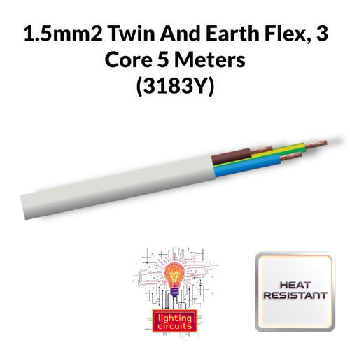 1.5mm 3 Core White Flex Cable, 5m Length, Ideal For Lighting Circuits, High Temperature Resistant, Home (3183Y) Electrician Cable, DIY, Professional, Trade Rated