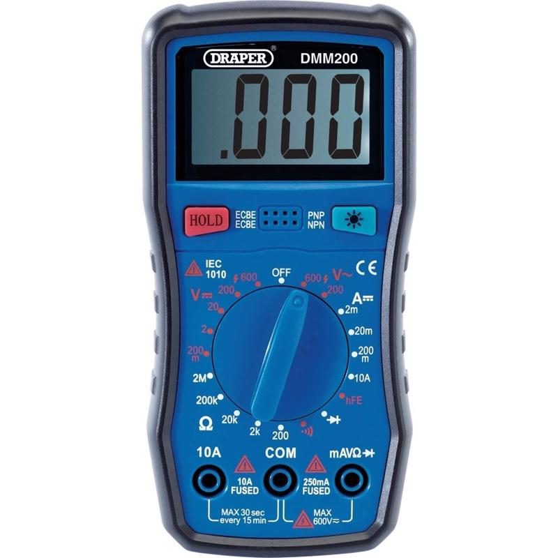 Draper Digital Multimeter DM200 - Measures Voltage, Current & Resistance, Compact & Lightweight, Battery Powered. Measures AC and DC. Suitable For Cars, Homes, Electrical Appliances.