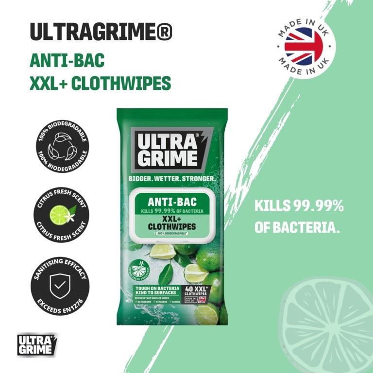 Anti Bacterial Wipes Ultragrime Life Anti-Bac Cloth Wipes XXL 40 Pack – Double Sided, Antibacterial, Multi-Surface Cleaning Wipes for Home, Office, & On-the-Go disinfectant