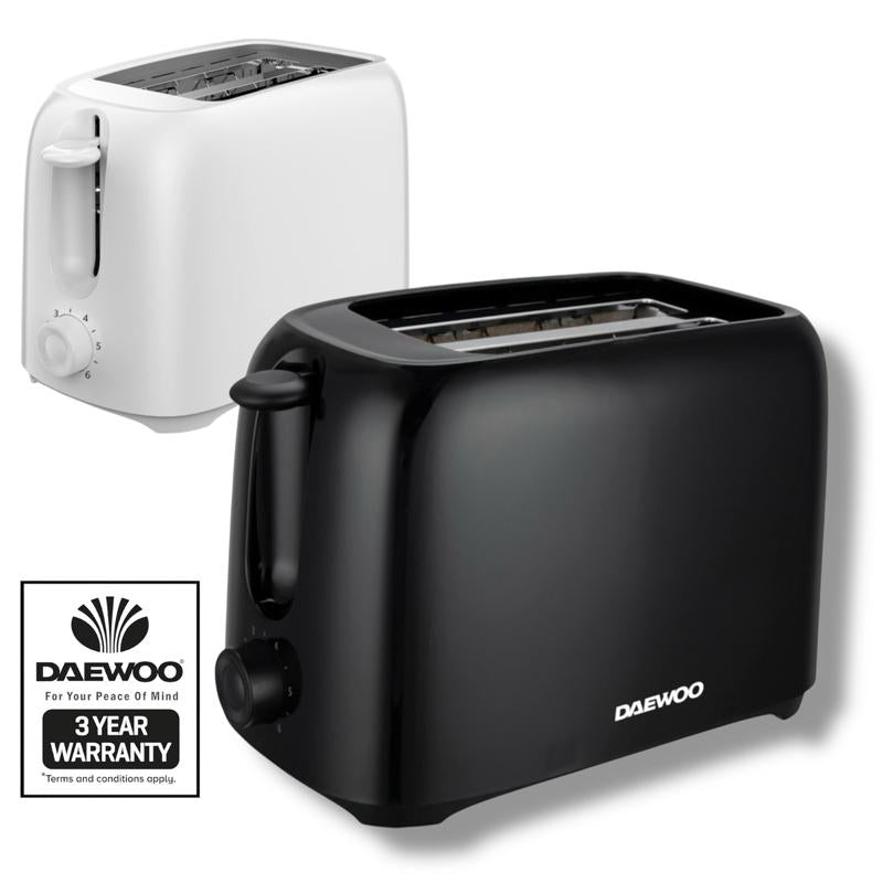Daewoo 2 Slice Toaster Black or White – 6 Browning Levels, Cool Touch, Crumb Tray, 700W Compact Kitchen Appliance – Matching Kettle Available – Ideal for Home, Office, Student Use