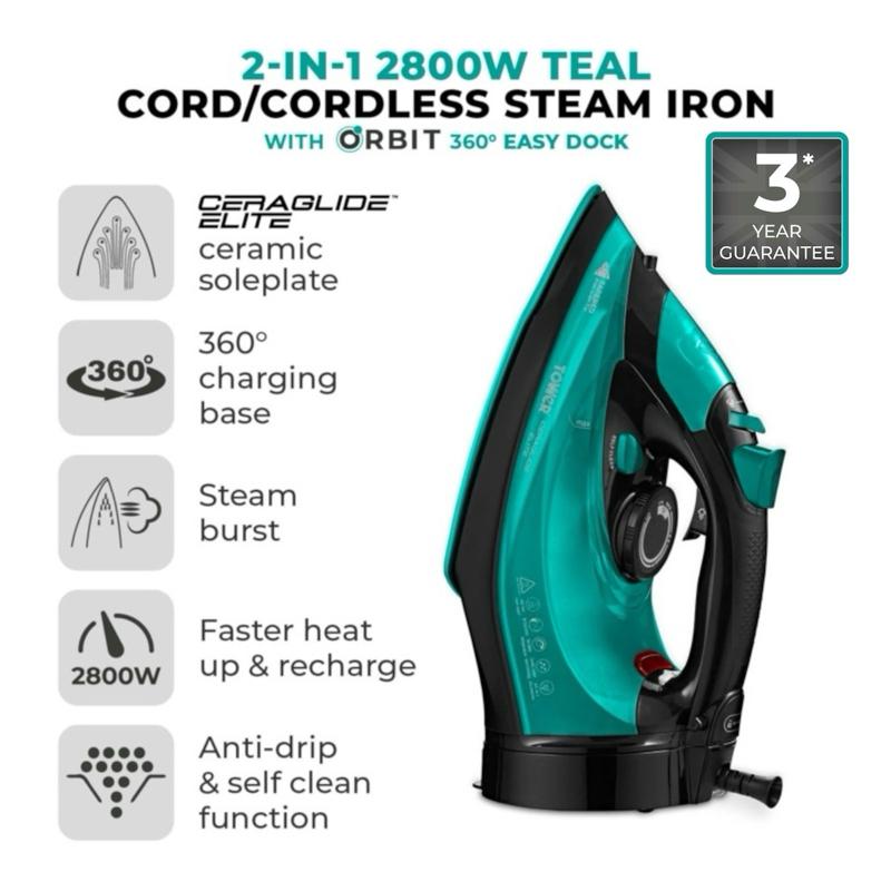 Cordless Iron 2800W - Teal, 2-in-1 Functionality Cordless and Corded | Ceramic Soleplate, Variable Steam & Temperature Control | Light Weight | 360 Base | Fast Heat Up | Tower