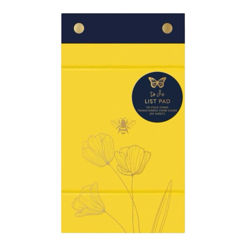 To-Do List Pad – 200 Pages, Tri-Fold Stand, Magnetic Cover, Organiser for Home, Work & School, Stylish Gold-Foiled Bee & Floral Design - Yellow Busy Bee Life Note Pad.